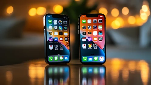 Two modern smartphones stand upright on reflective table surface