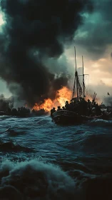 Sailing vessel evacuation amid catastrophic harbor explosion and fire