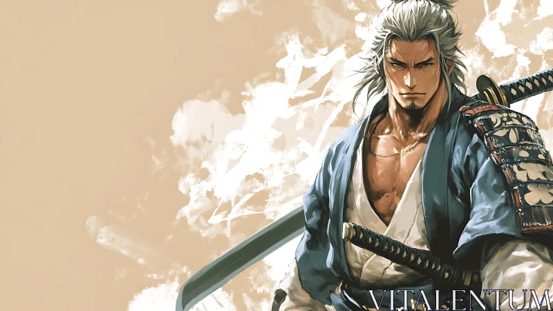 Stoic samurai warrior with swords on textured backdrop.