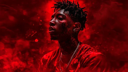 Crimson-lit portrait of tattooed man in abstract smoke field.