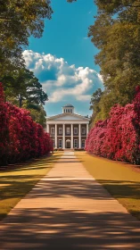 Symmetrical neoclassical hall framed by flowering hedge corridor
