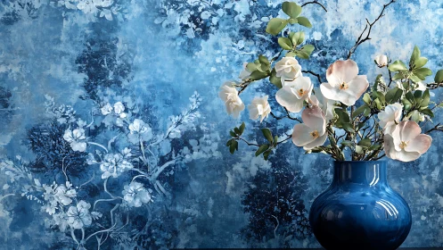 Blue Ceramic Vessel with Cut Flowers Against Textured Wall.