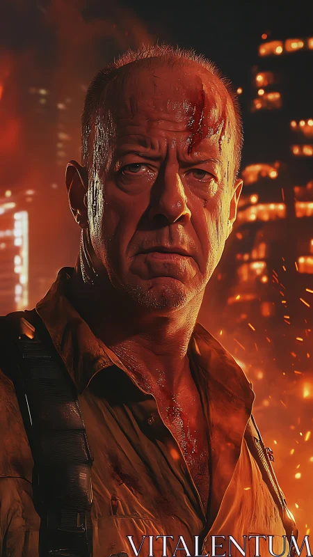 Weathered action survivor stands strong amid city fire