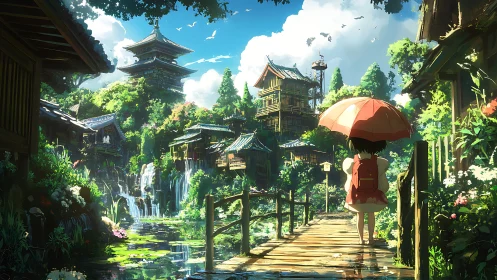 Child on bridge in lush anime village with tiered waterfalls