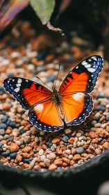 Orange butterfly resting on multicolored pebbled ground.