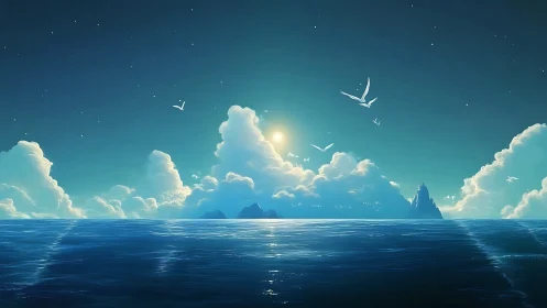 Sunlit ocean horizon glows beneath towering dreamlike clouds