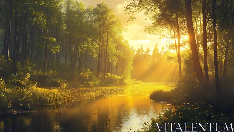 Sunlit forest river with warm golden evening glow.