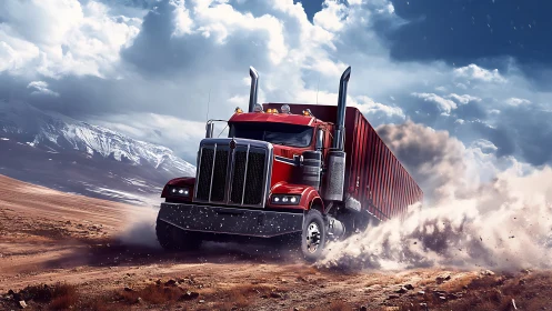 Red semi truck powers through desert dust storm terrain.