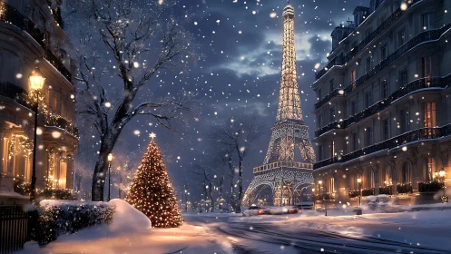 Parisian winter boulevard with illuminated Eiffel Tower.