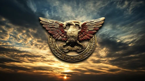 USMC eagle emblem gleams over stormlit sunset sky.