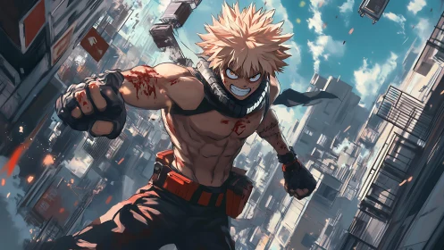 Explosive anime fighter lunges forward in tilted cityscape