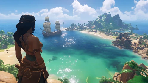 Female Adventurer Gazes Upon Tropical Island Paradise.