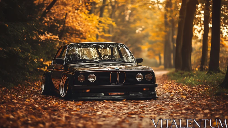Photorealistic stance car in autumn forest perspective study.