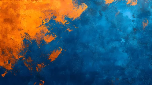 Bold Abstract Painting with Vibrant Orange and Deep Blue Textures.