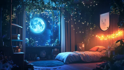 Moonlit bedroom glows under dreamy celestial night sky.