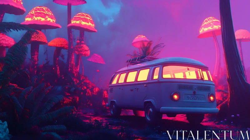 Retro van is parked in neon forest with oversized fungi