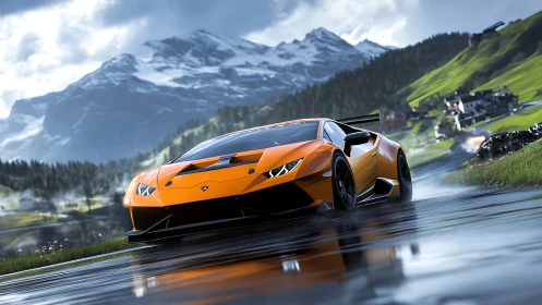 Orange supercar on wet mountain road in overcast daylight.