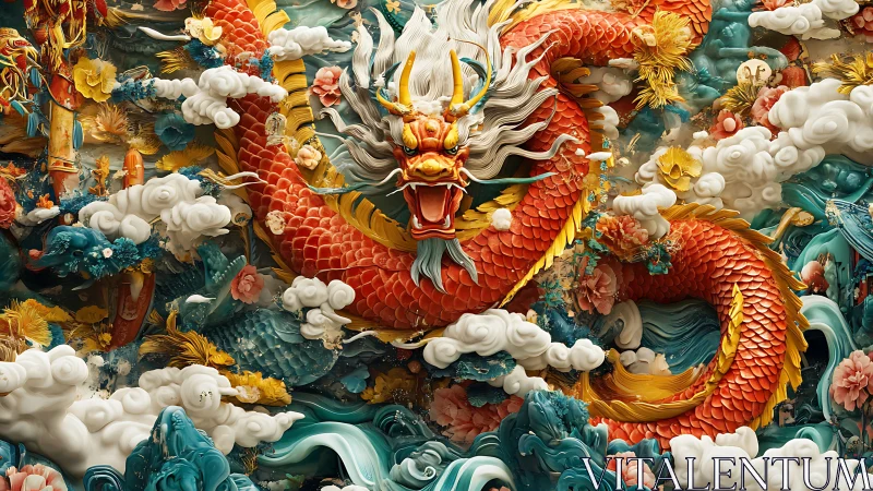 Majestic red dragon coils through ornate celestial clouds.