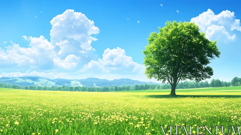 Lone meadow guardian under cotton-cloud kingdoms of blue.