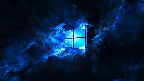 Glowing blue window icon radiates through cosmic nebula