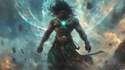 Mythic plasma warlord under collapsing celestial vortex.