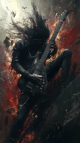 Metal guitarist engulfed in abstract fiery motion storm.