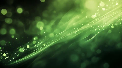 Abstract green light waves and glowing bokeh in digital art style.