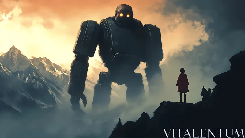 Colossal robot confronts lone figure above misty mountains