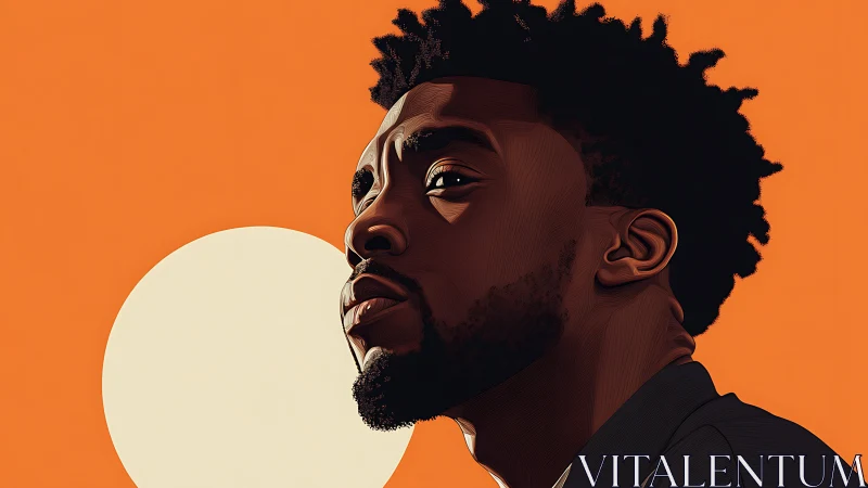 Stylized male portrait against bold orange sun backdrop.