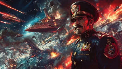 Admiral overseeing orbital naval engagement amid inferno skies.