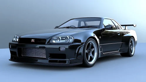 High-gloss black performance coupe rendered with realistic reflections