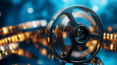 Cinematic film reel close-up in warm bokeh studio lighting.