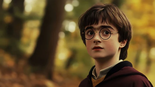 Wide eyed boy in autumn forest glow, wrapped in quiet wonder.