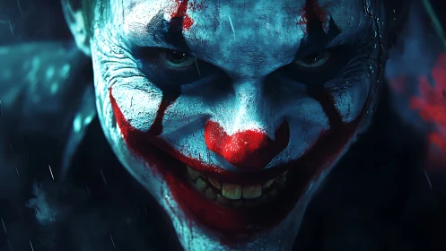 Sinister clown grin carved in neon-soaked midnight gloom.