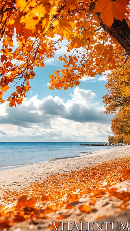 Autumn shoreline with golden trees by a calm blue sea.