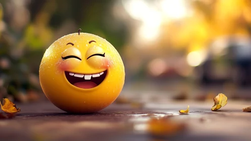 Laughing emoji orange brightens a soft autumn sidewalk.