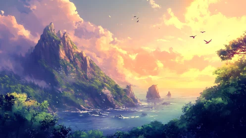 Coastal Mountain Landscape with Layered Sky and Vegetation.