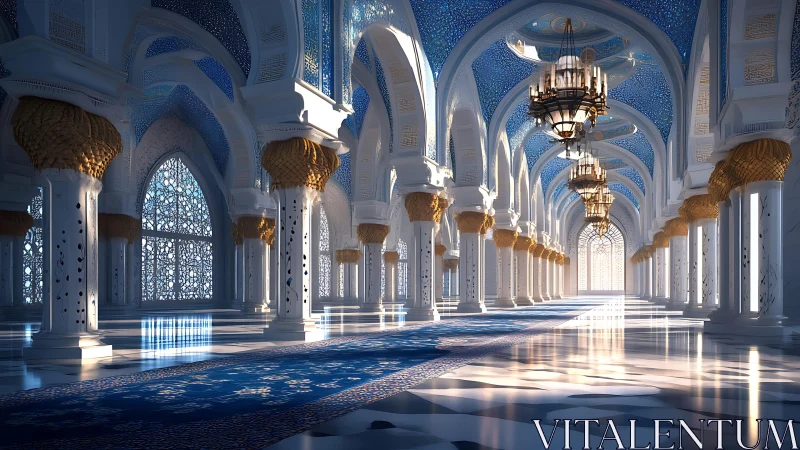 Ornate blue mosque interior with arched colonnade and light