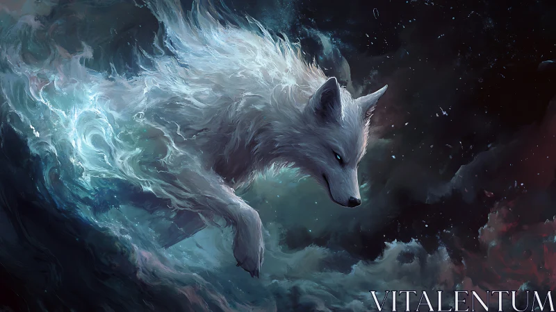 Ethereal white spirit wolf glides through cosmic waves.
