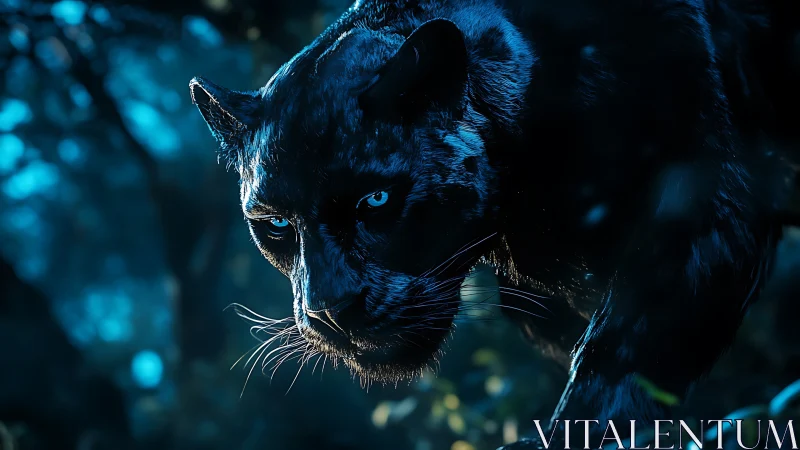 Blue-toned feline portrait with luminescent background