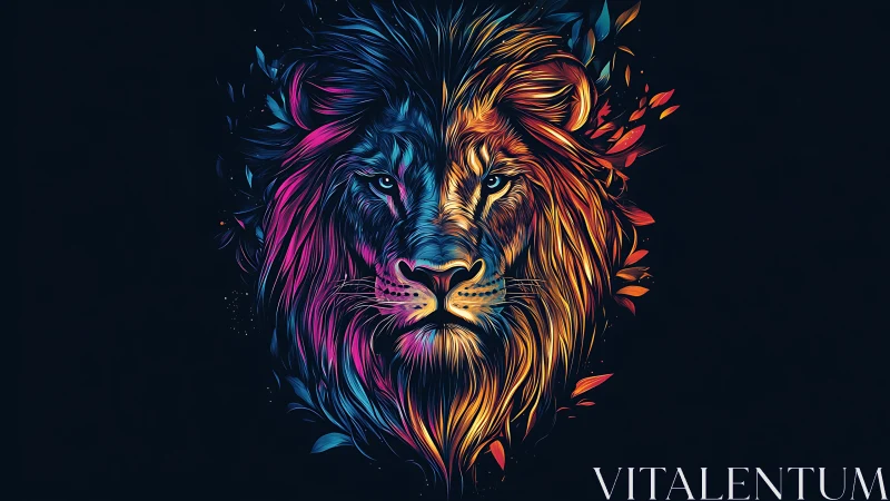 Neon lion portrait in vivid dual tone symmetry.
