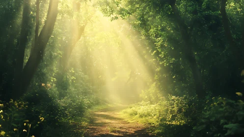 Sunlit forest path with golden morning rays, serene and natural.