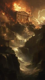 Ancient temple crumbles in a fiery apocalyptic deluge.