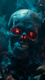 Burning-eyed skull glows in smoky teal and crimson haze