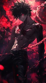 Shirtless anime male stands in red chained environment