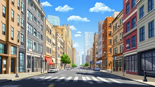 Sunlit urban street rendered in clean linear perspective
