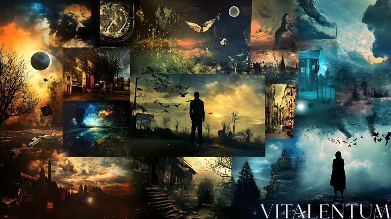 Wanderers crossing dreamlit horizons in surreal city fragments.