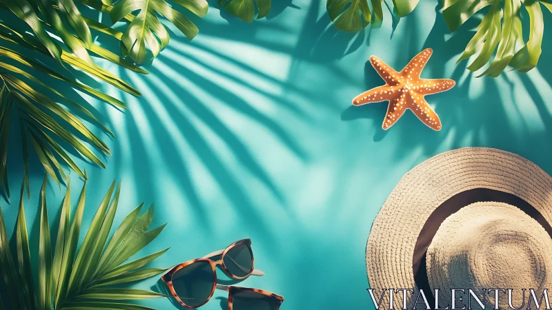 Sunlit tropical flatlay with hat, starfish and palm shadows.