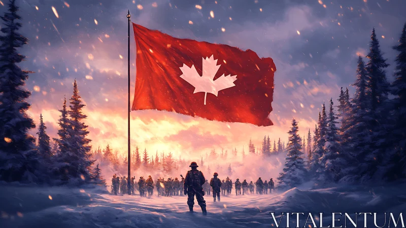 Snowlit guardians beneath a blazing Canadian winter flag.