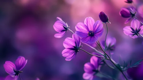 Cosmos Flowers with Selective Focus Rendering and Luminous Purple Gradient.